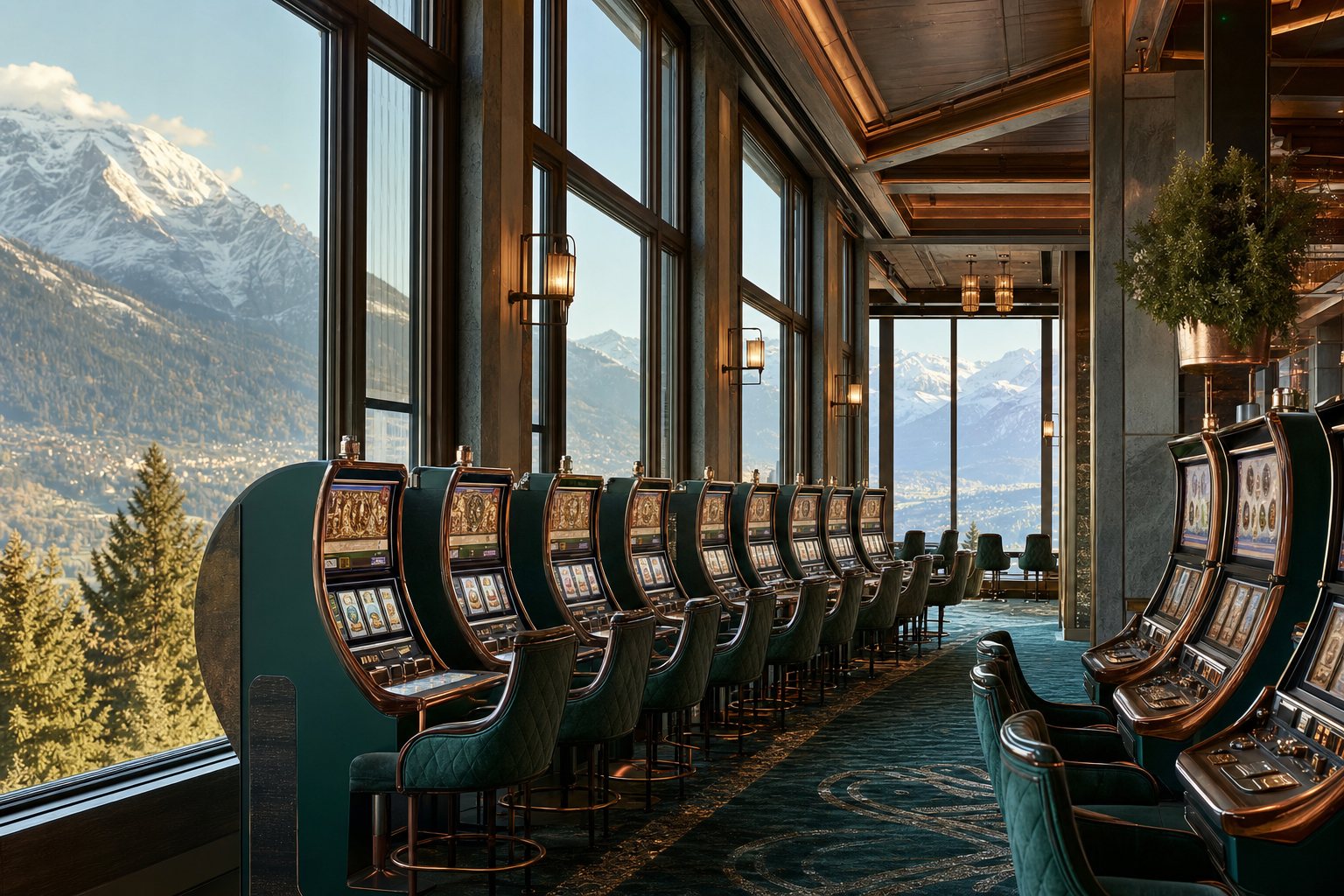 180 Spielautomaten im Casino Jungfrau Interlaken mit Bergblick